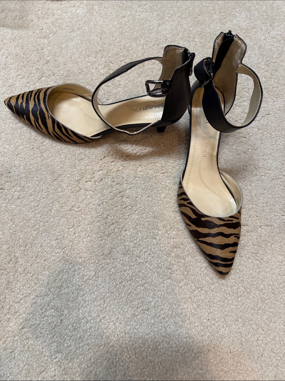 Tahari Black and Brown Zebra-Print Pointed Toe Ankle-Strap Heels
